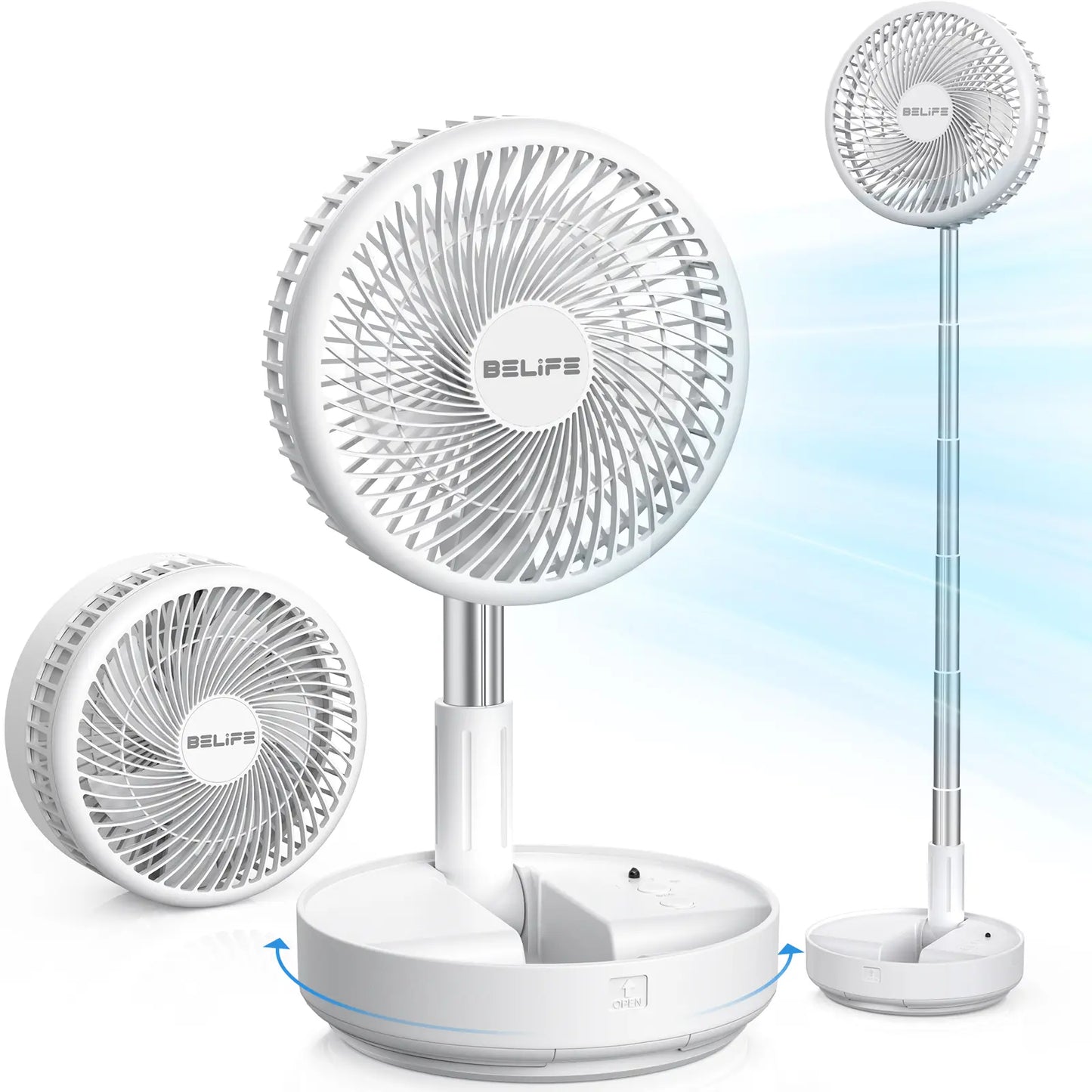 Wireless oscillating fan with remote control, foldable, extendable, and height adjustable.