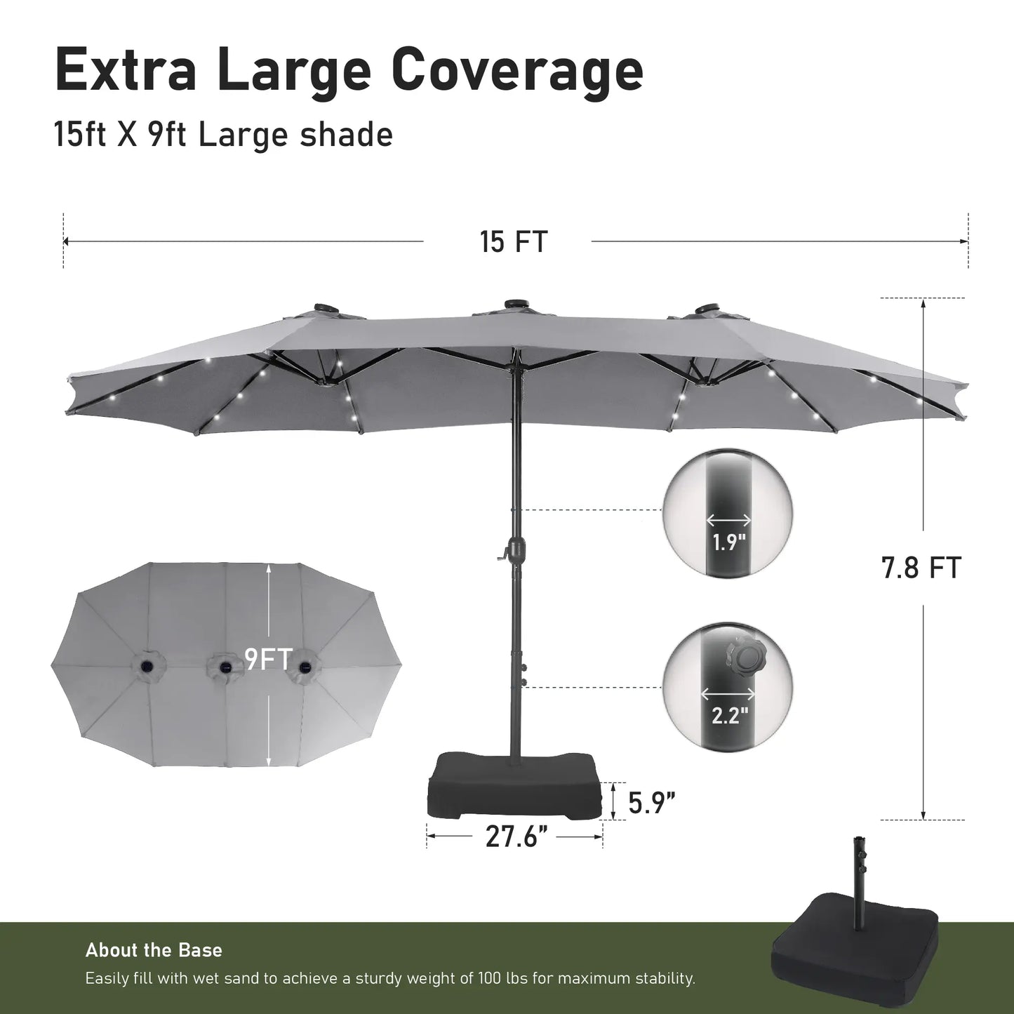 15-foot Large Outdoor Patio Umbrella with Base
