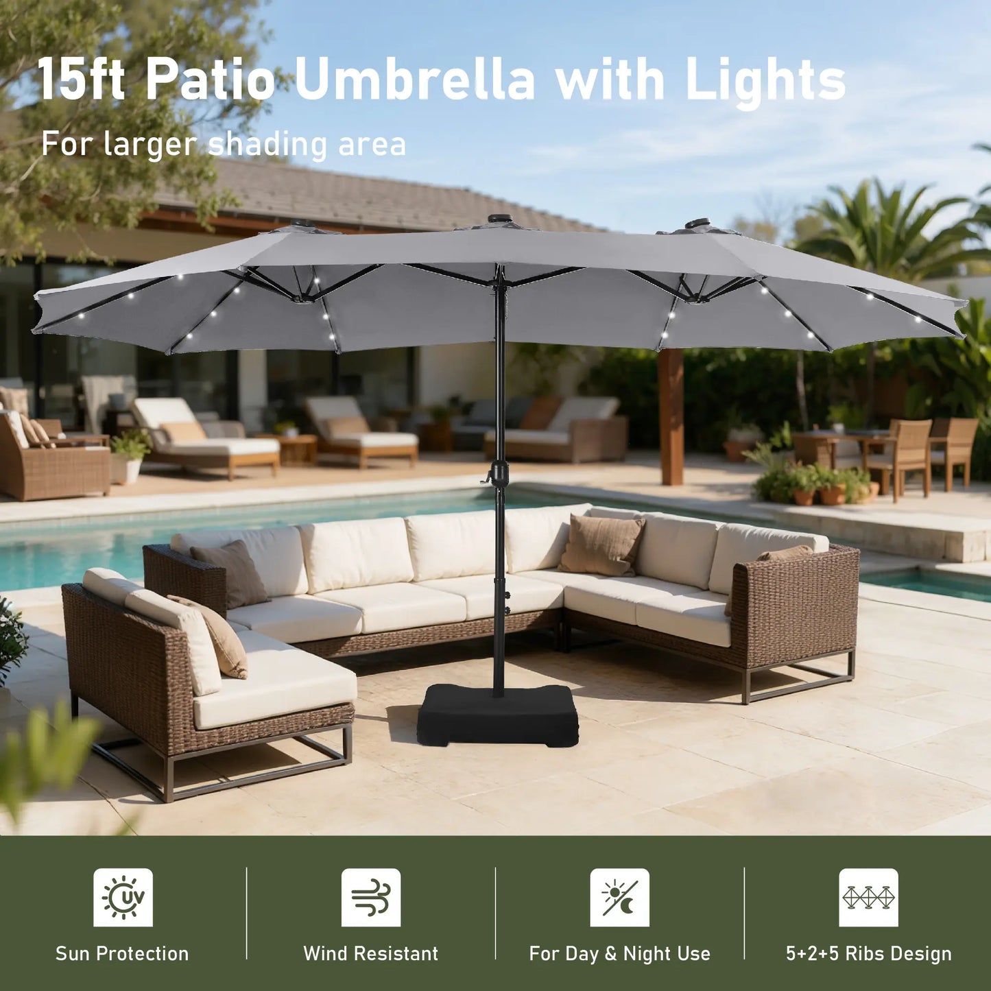 15-foot Large Outdoor Patio Umbrella with Base