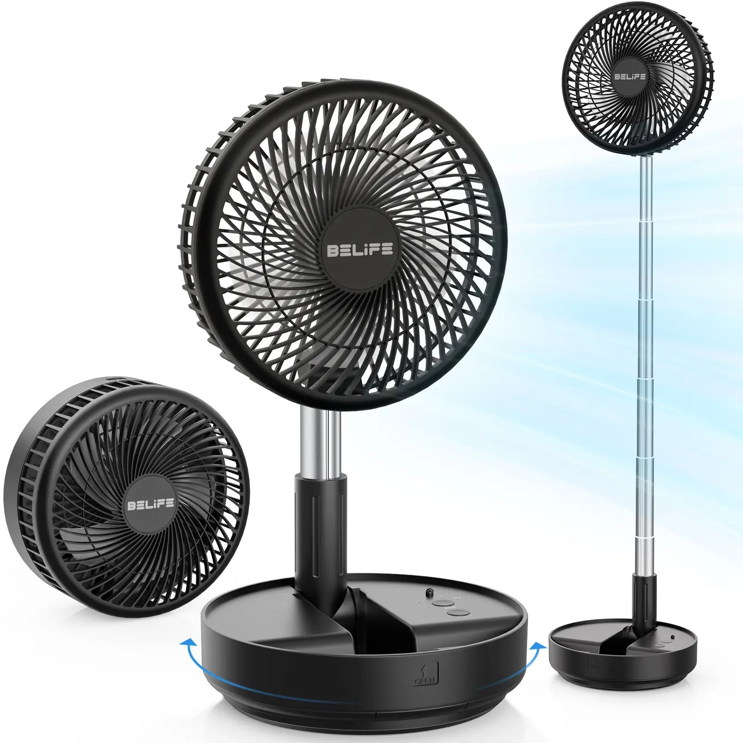 Wireless oscillating fan with remote control, foldable, extendable, and height adjustable.