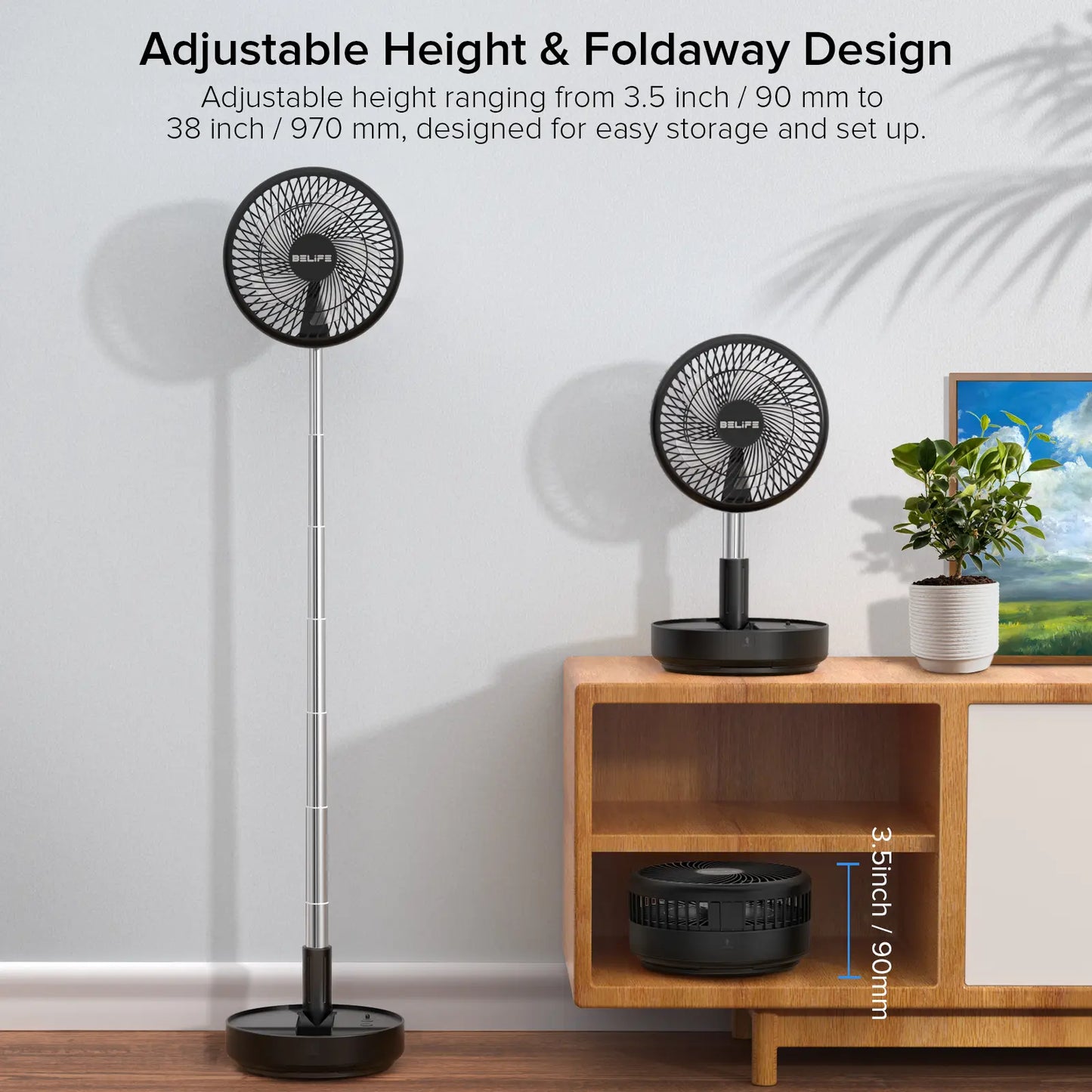 Wireless oscillating fan with remote control, foldable, extendable, and height adjustable.
