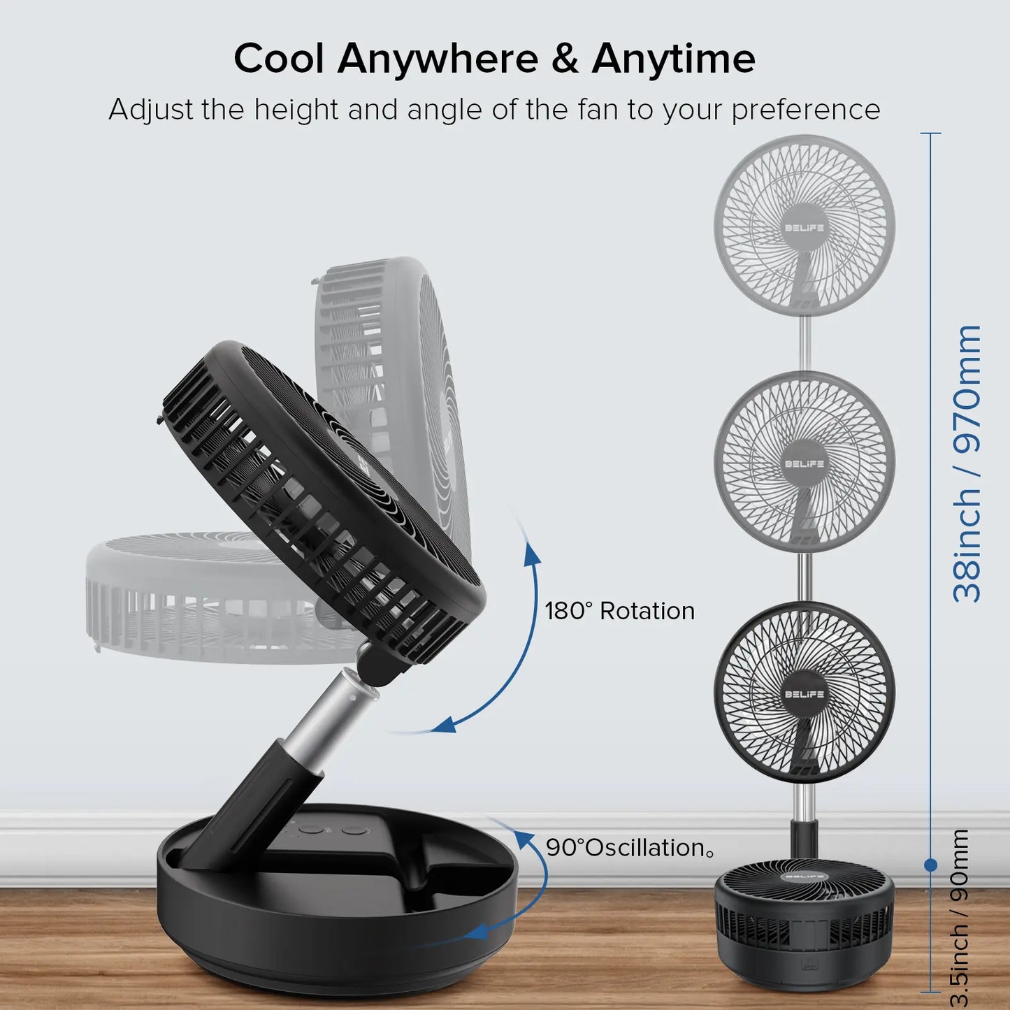 Wireless oscillating fan with remote control, foldable, extendable, and height adjustable.