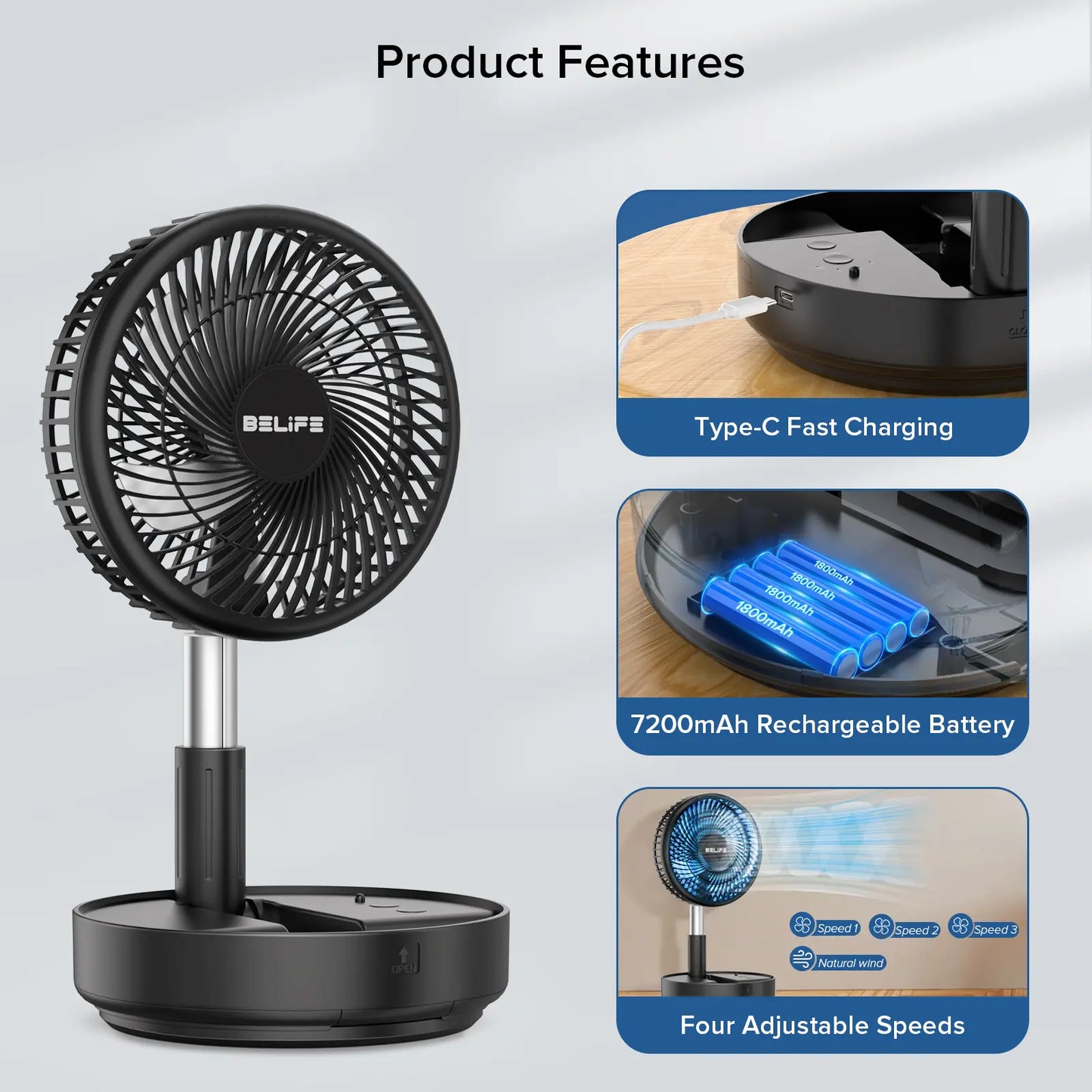 Wireless oscillating fan with remote control, foldable, extendable, and height adjustable.