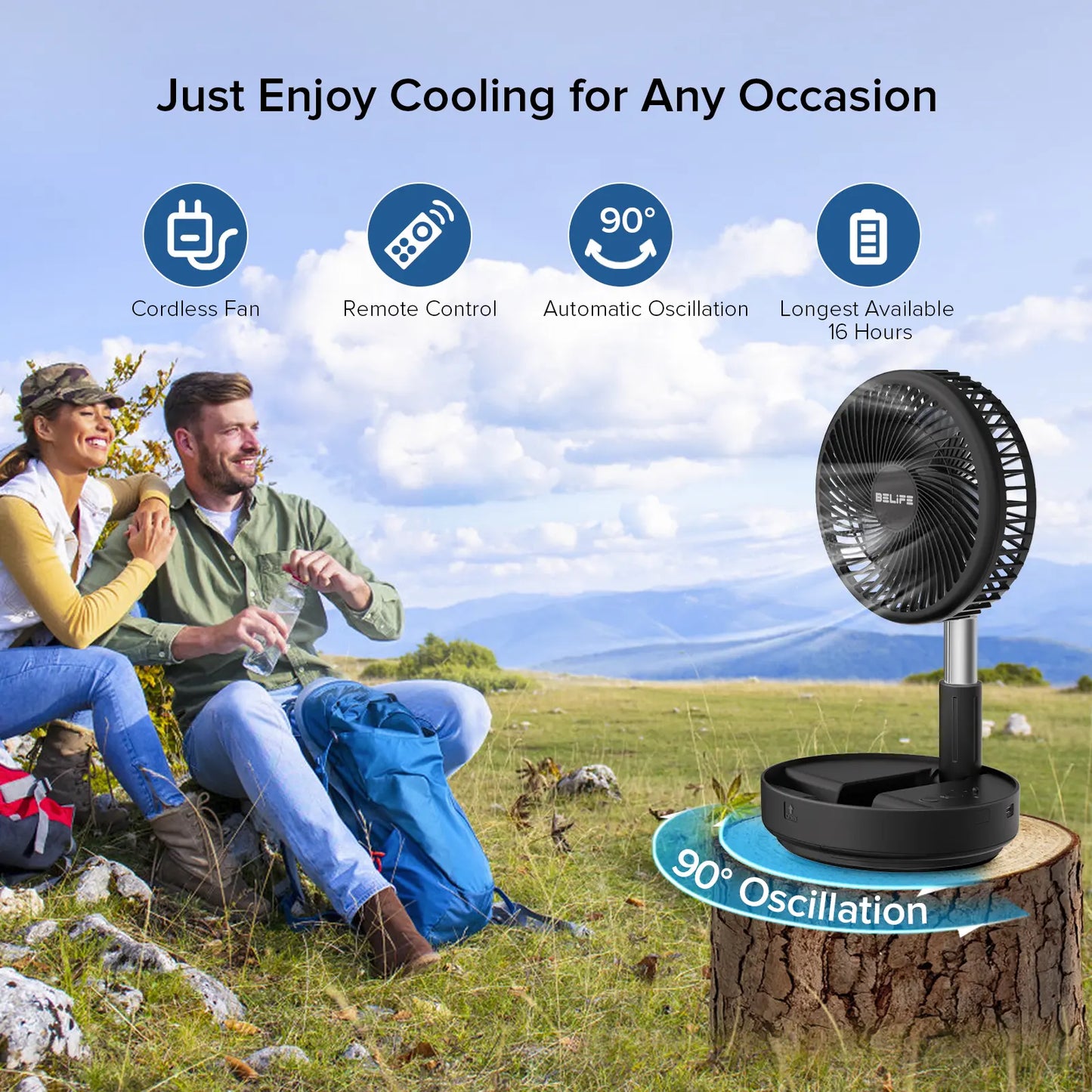 Wireless oscillating fan with remote control, foldable, extendable, and height adjustable.
