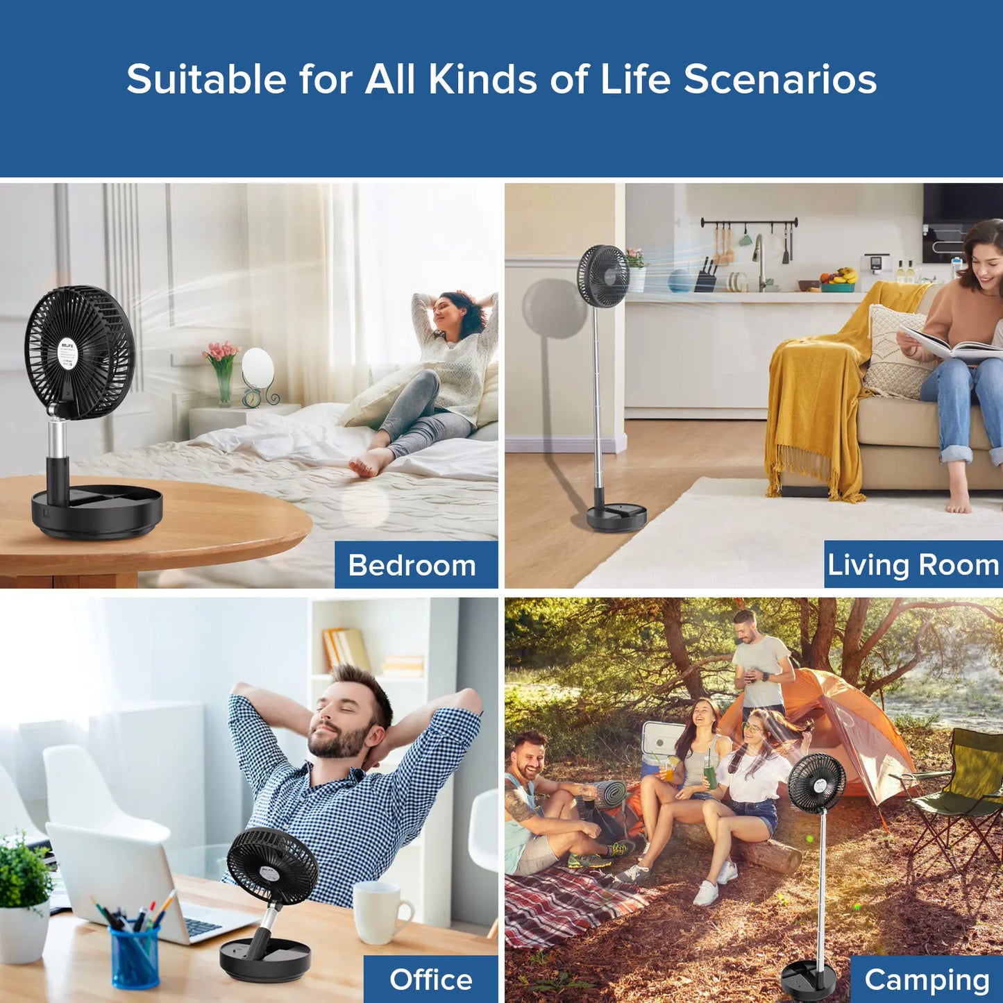 Wireless oscillating fan with remote control, foldable, extendable, and height adjustable.