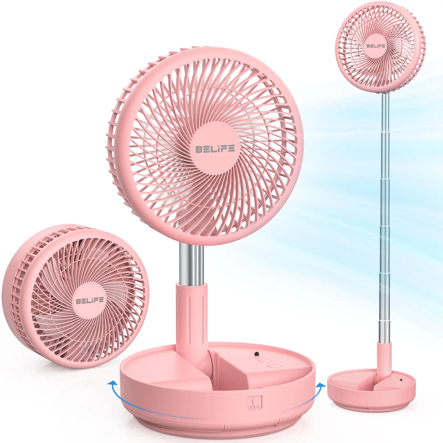 Wireless oscillating fan with remote control, foldable, extendable, and height adjustable.